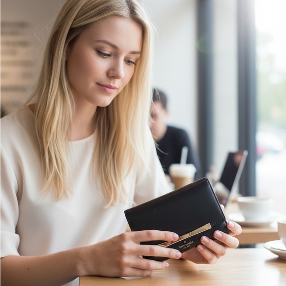 Kate Spade New York Black Leather Wallet – Gold Bar Accent - Picture 2 of 6